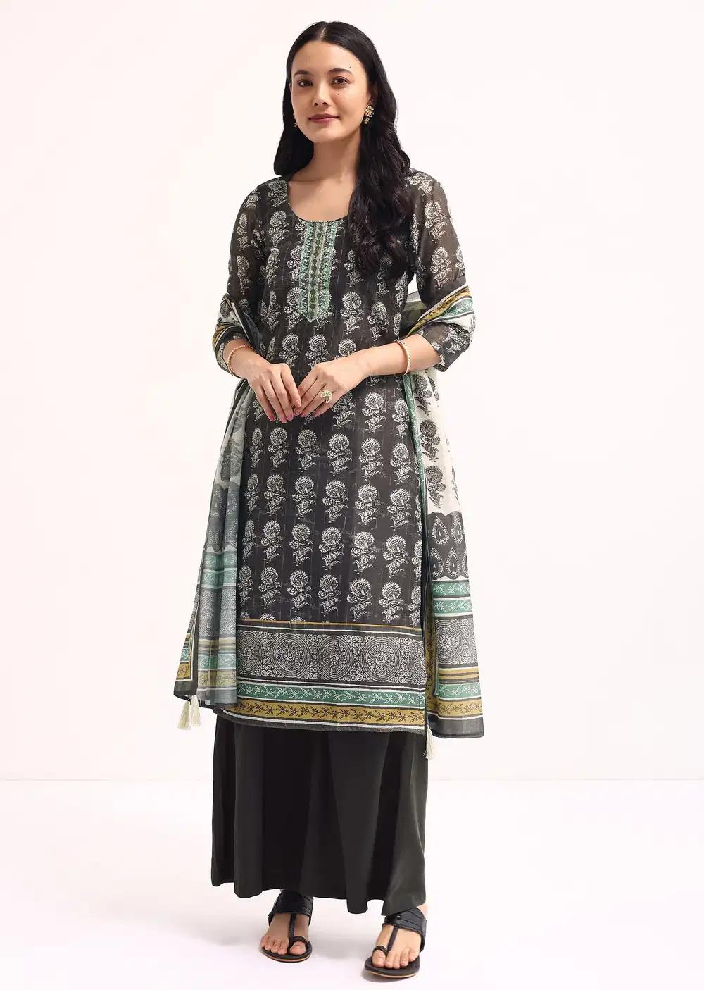 Grey Printed Chanderi Kurta Palazzo Ensemble Outfit
