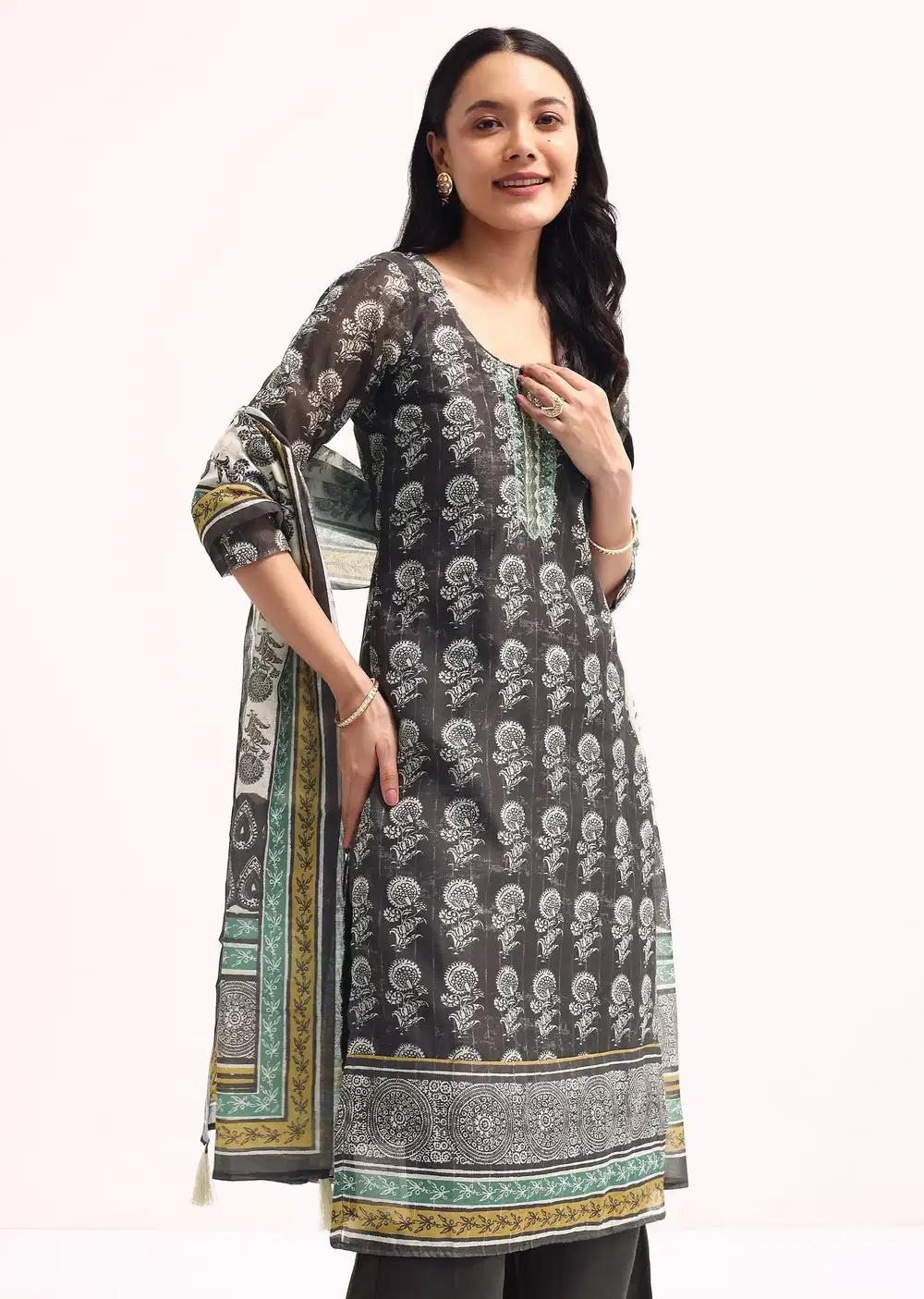 Grey Printed Chanderi Kurta Palazzo Ensemble Outfit