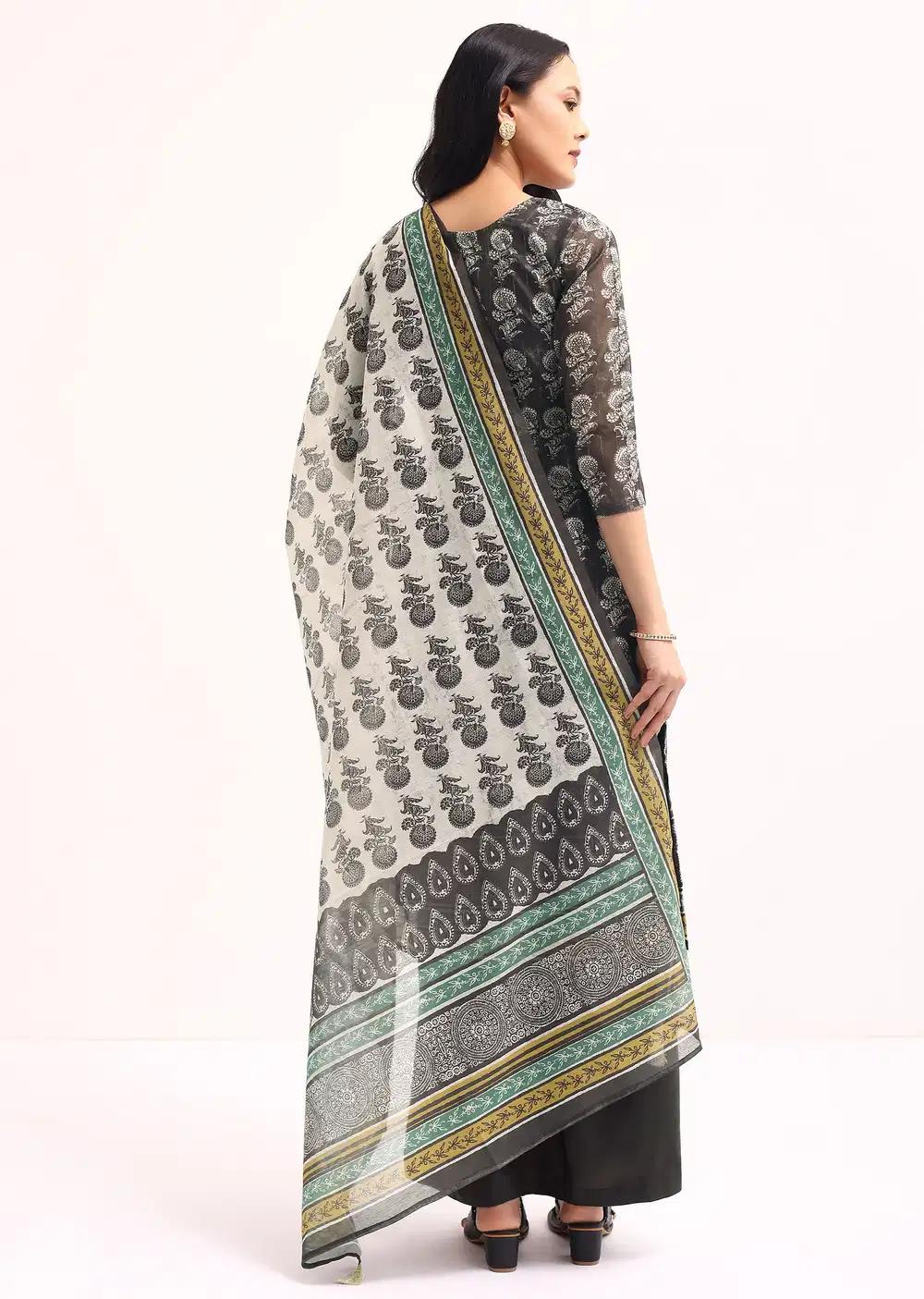 Grey Printed Chanderi Kurta Palazzo Ensemble Outfit