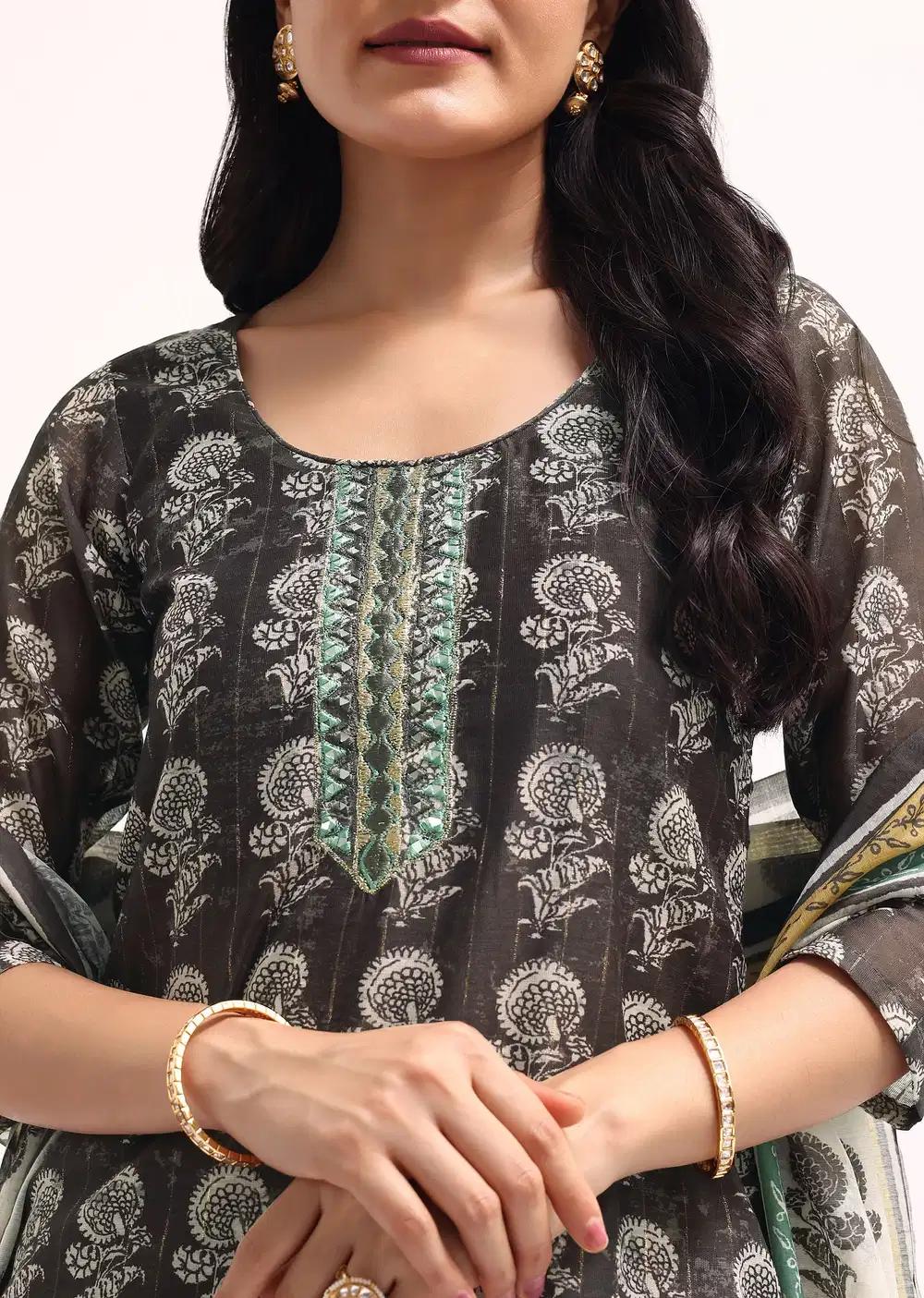 Grey Printed Chanderi Kurta Palazzo Ensemble Outfit