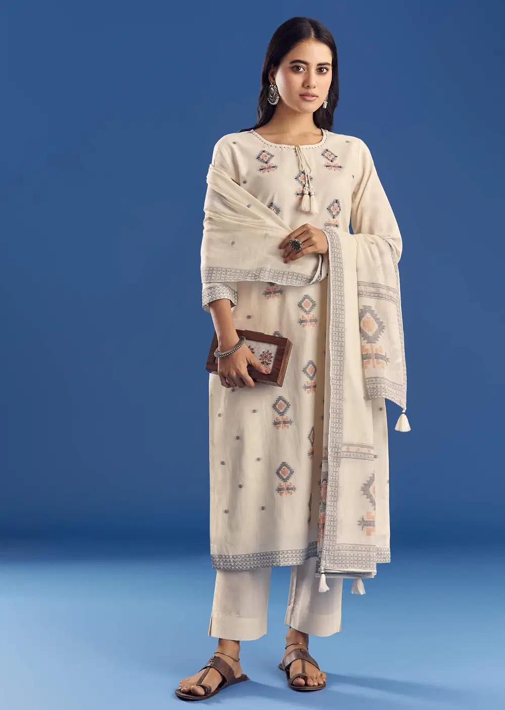 Ivory Mul Cotton Kurta Ensemble With Thread Weaving And Dupatta Outfit