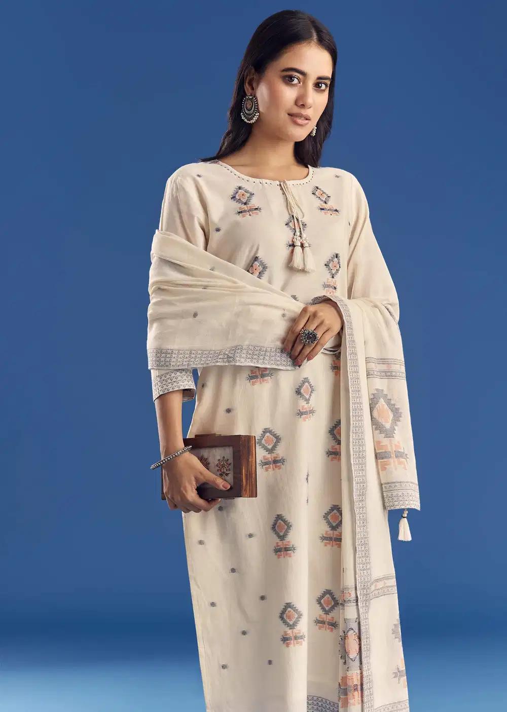 Ivory Mul Cotton Kurta Ensemble With Thread Weaving And Dupatta Outfit