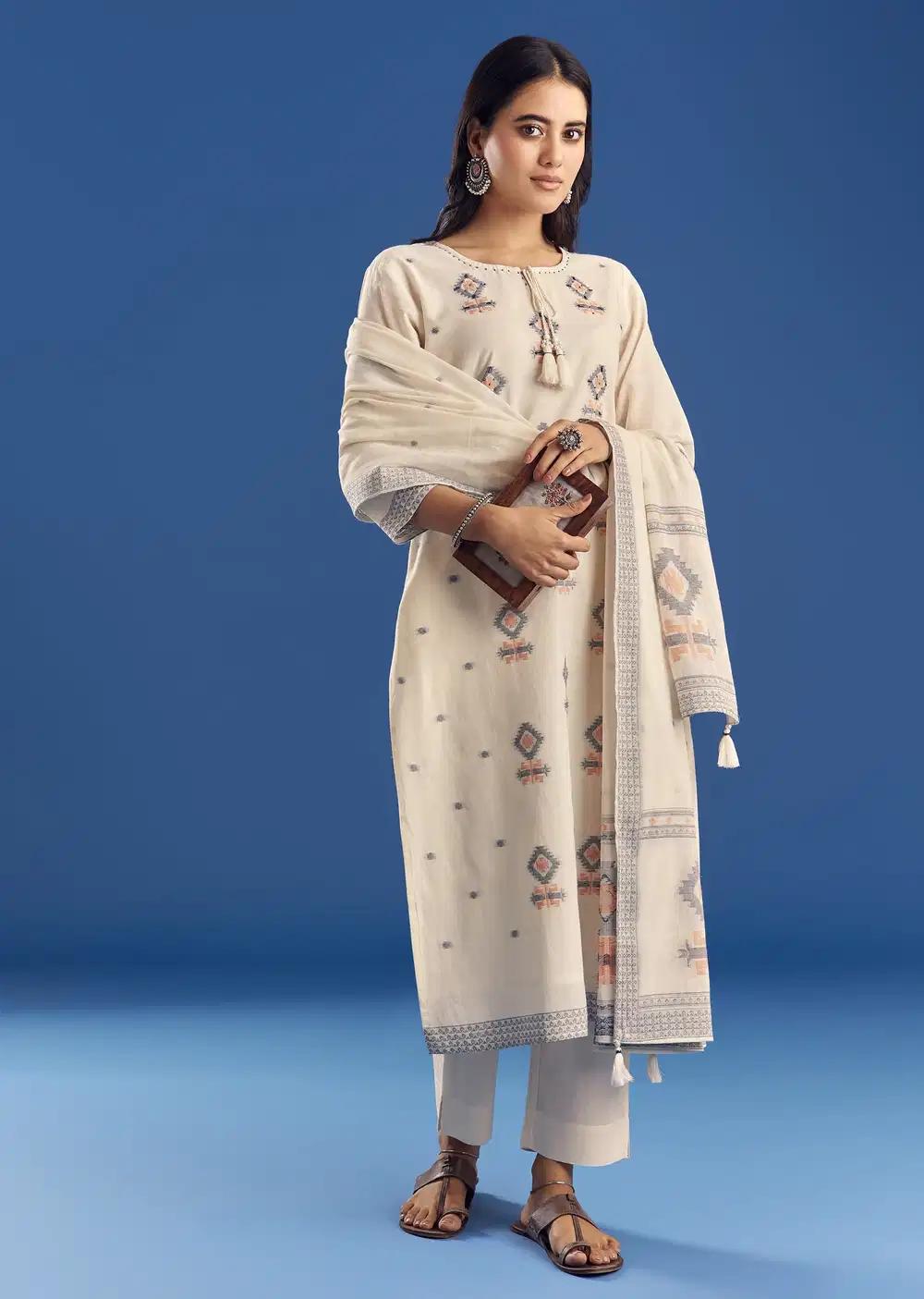 Ivory Mul Cotton Kurta Ensemble With Thread Weaving And Dupatta Outfit