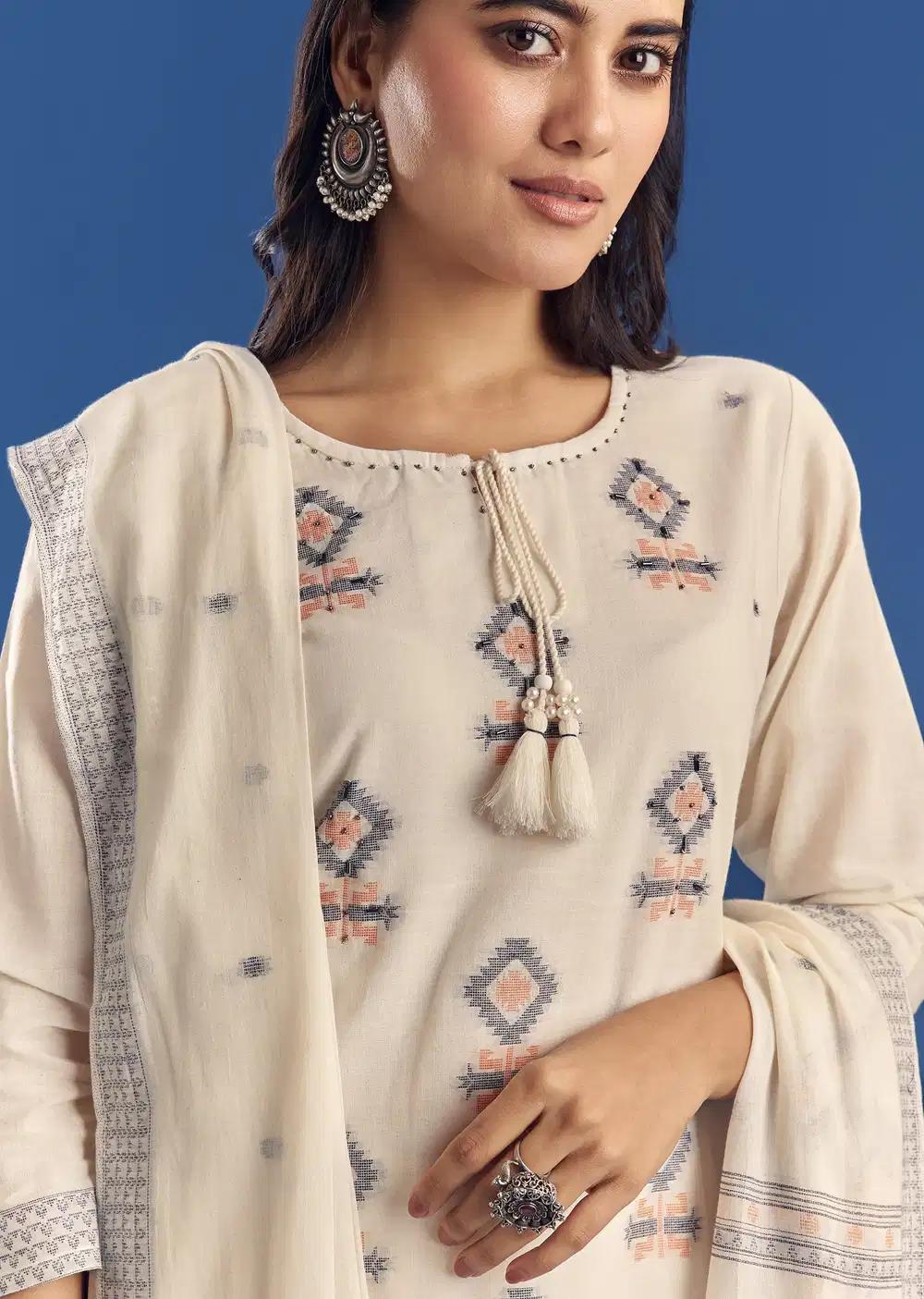 Ivory Mul Cotton Kurta Ensemble With Thread Weaving And Dupatta Outfit