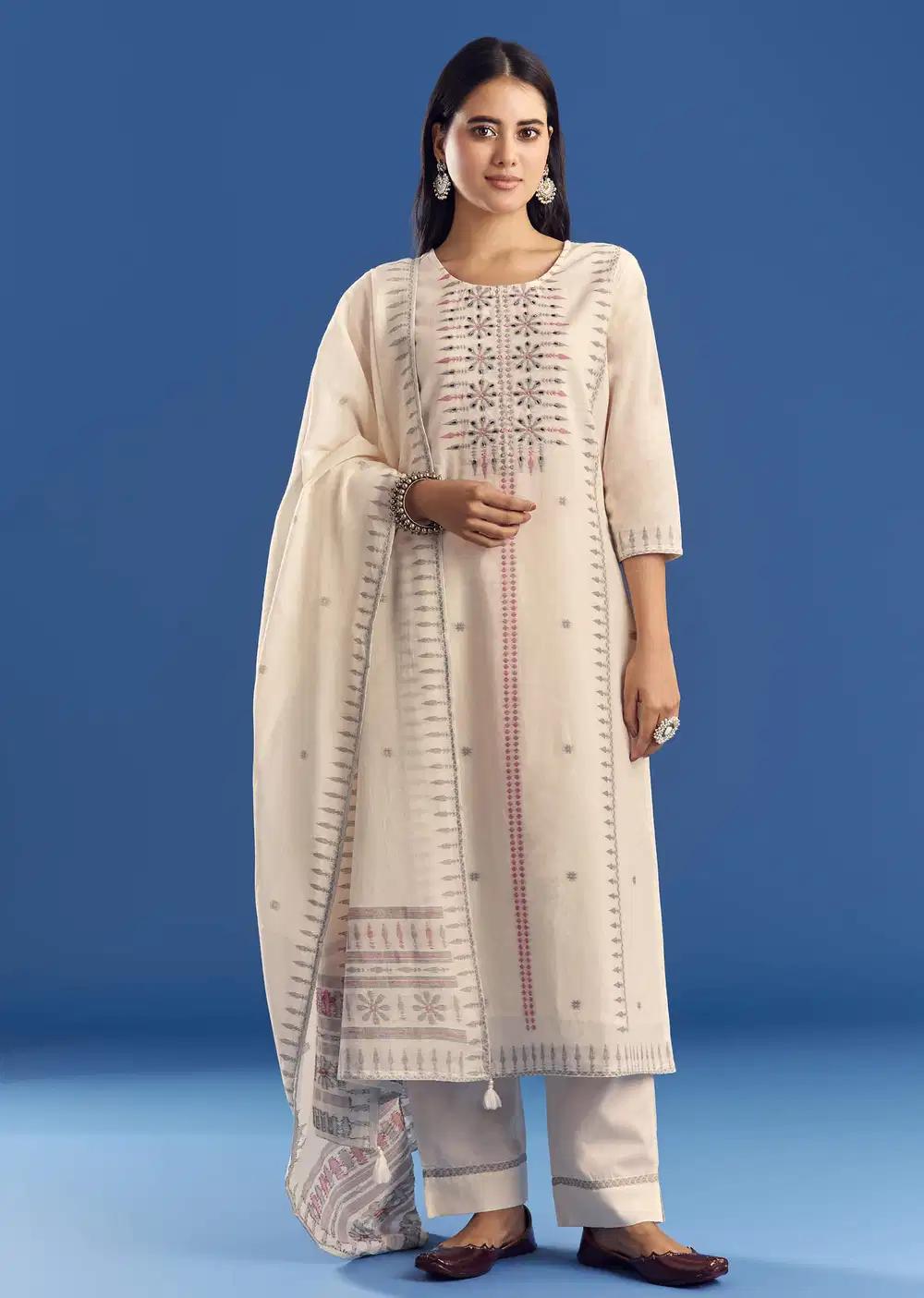 Ivory Thread Weave Mul Cotton Kurta Ensemble With Dupatta Outfit