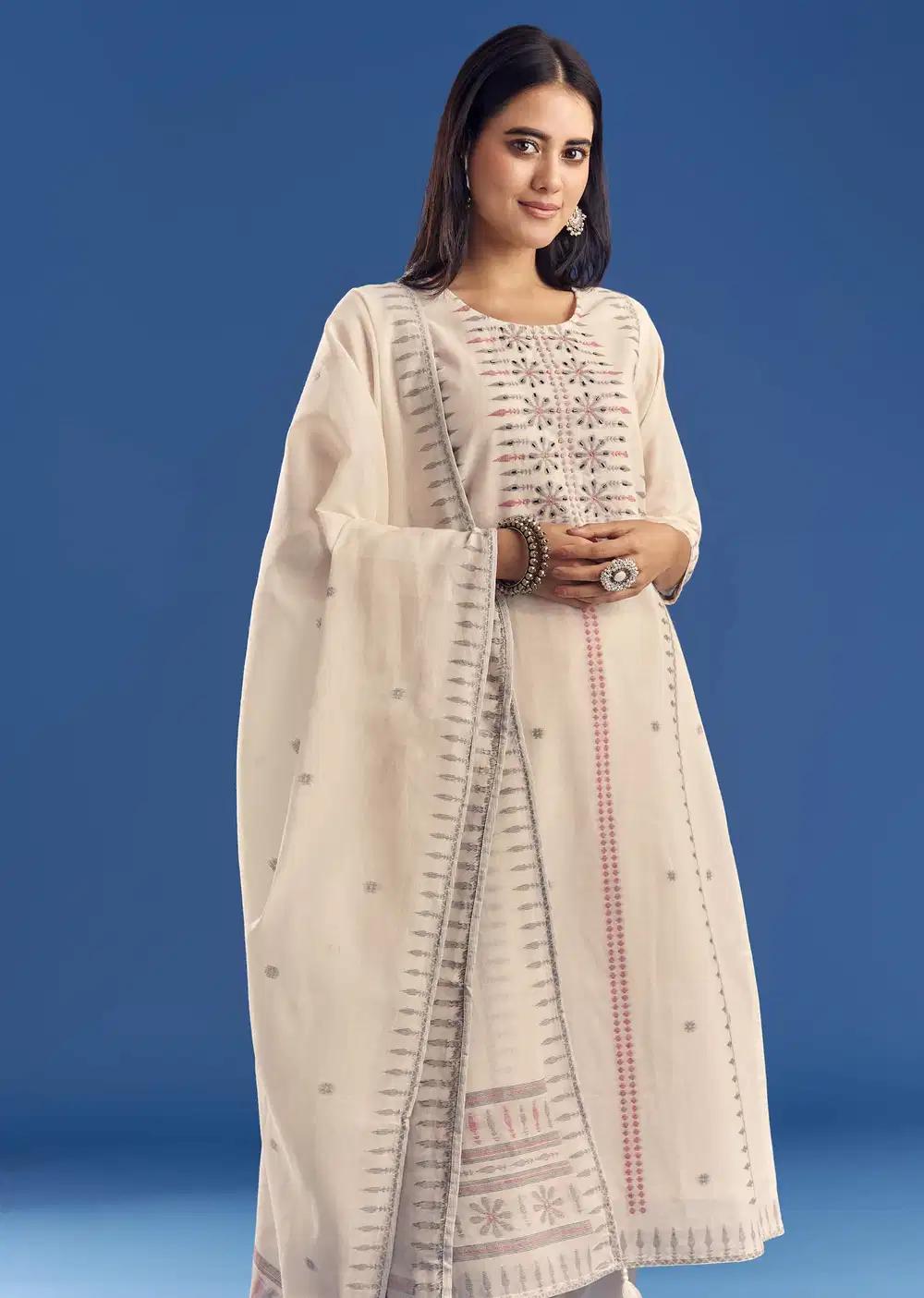 Ivory Thread Weave Mul Cotton Kurta Ensemble With Dupatta Outfit
