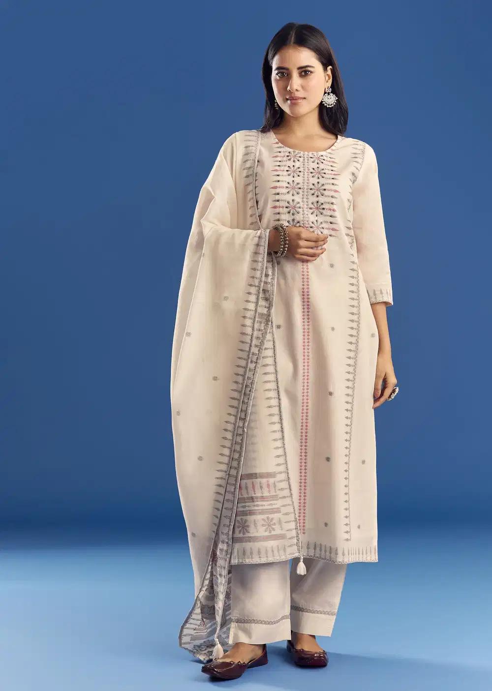 Ivory Thread Weave Mul Cotton Kurta Ensemble With Dupatta Outfit