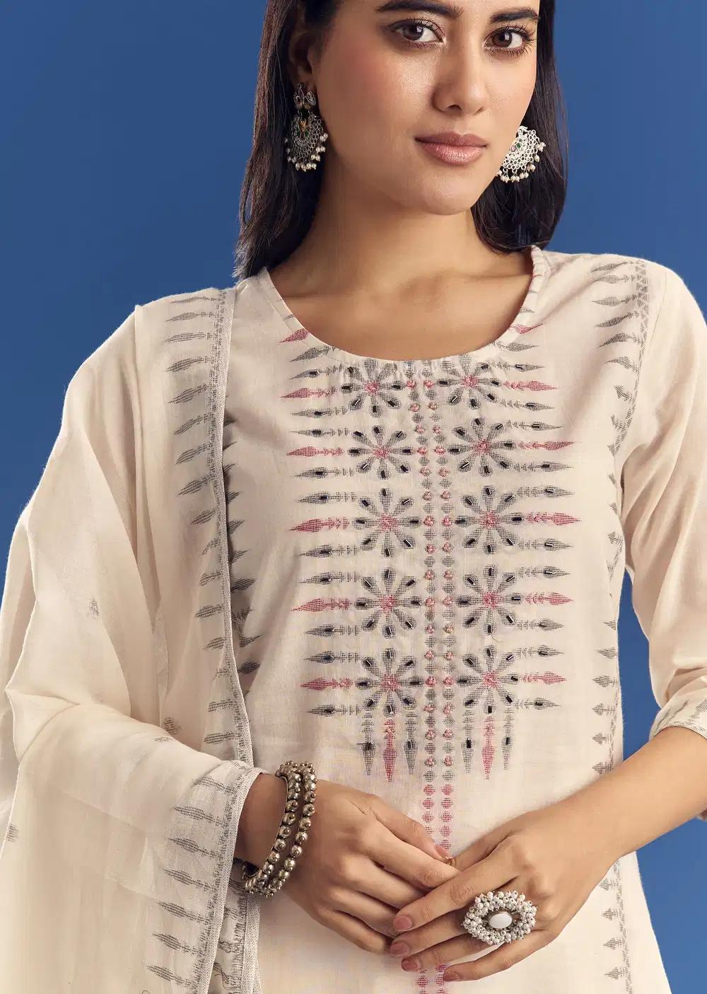 Ivory Thread Weave Mul Cotton Kurta Ensemble With Dupatta Outfit