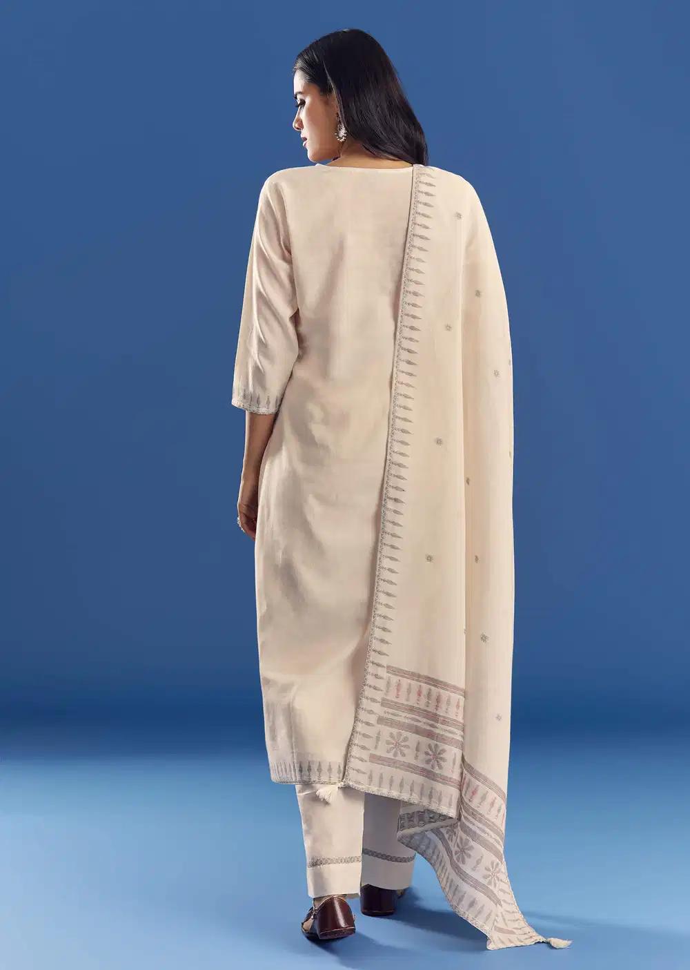 Ivory Thread Weave Mul Cotton Kurta Ensemble With Dupatta Outfit
