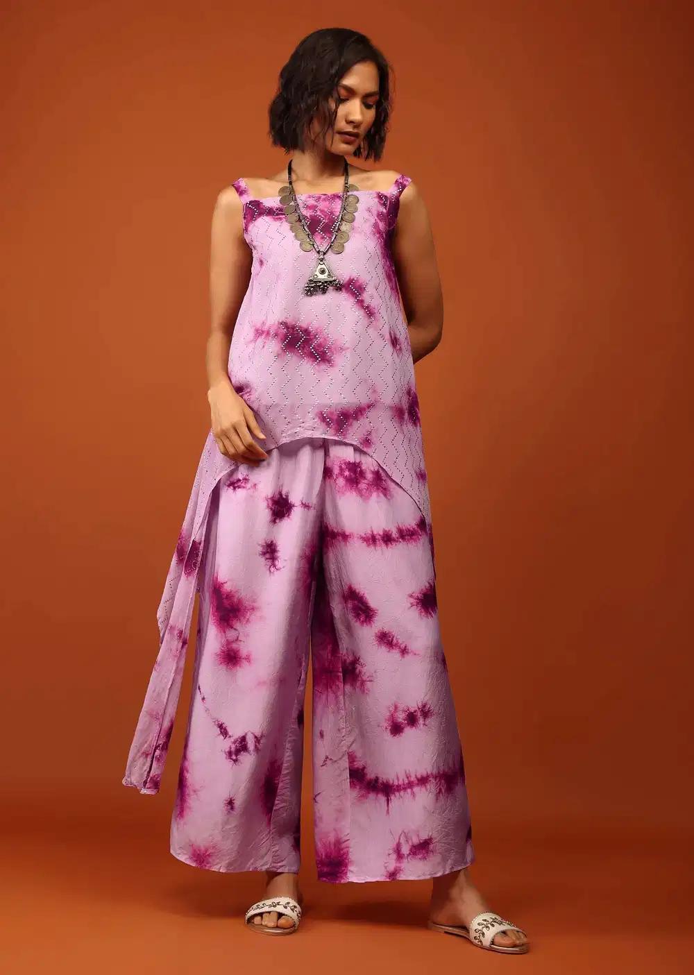 Lavender And Plum Purple Tie Dye Print Top Bottom Ensemble Embellished In Georgette