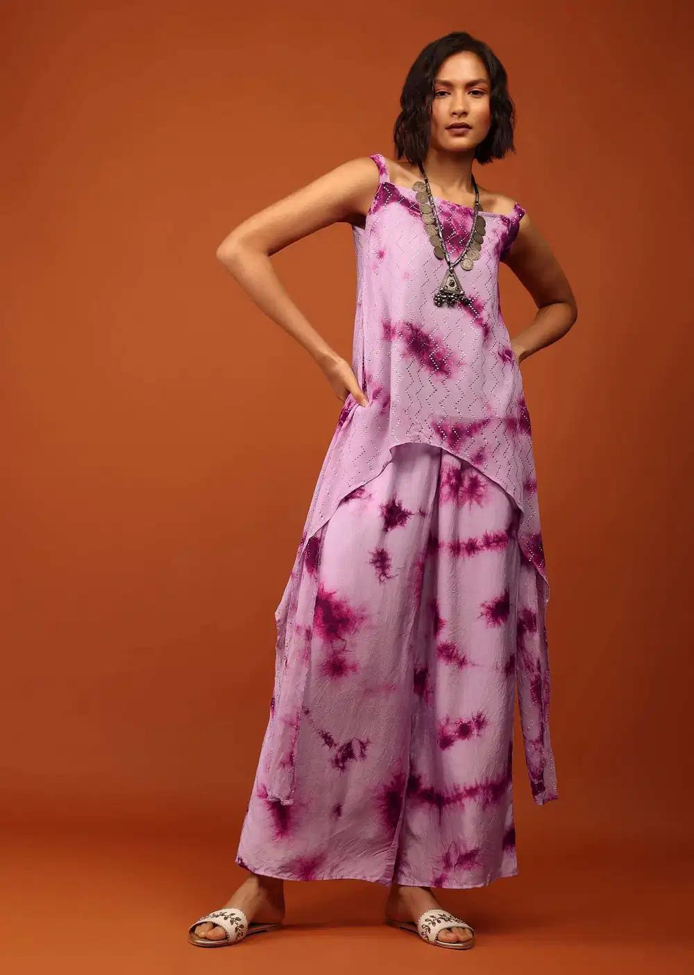 Lavender And Plum Purple Tie Dye Print Top Bottom Ensemble Embellished In Georgette