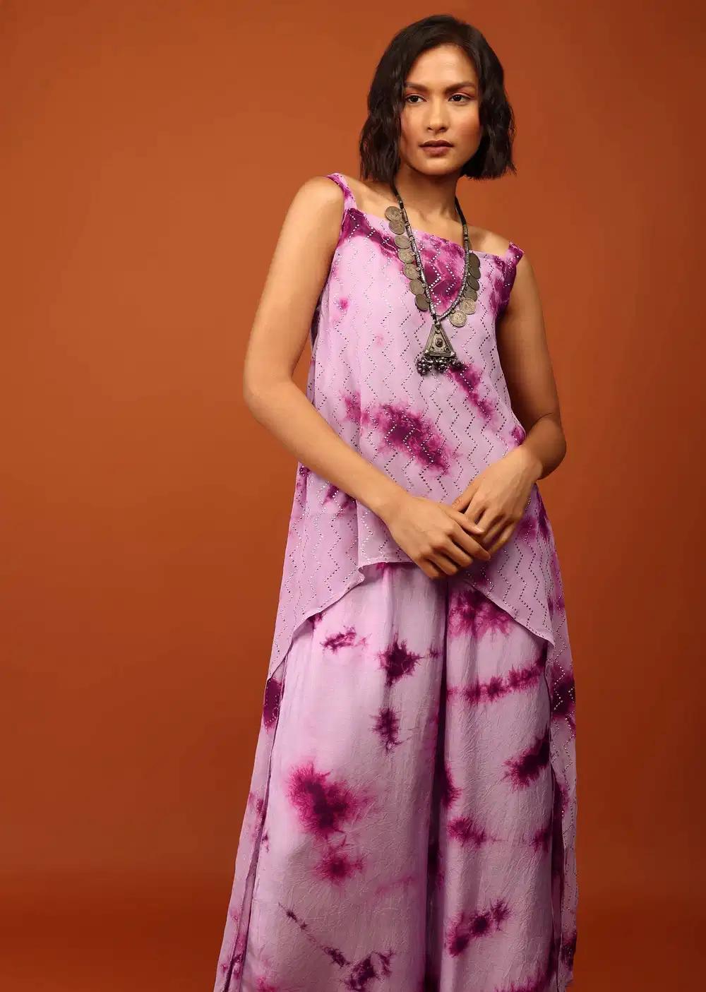 Lavender And Plum Purple Tie Dye Print Top Bottom Ensemble Embellished In Georgette