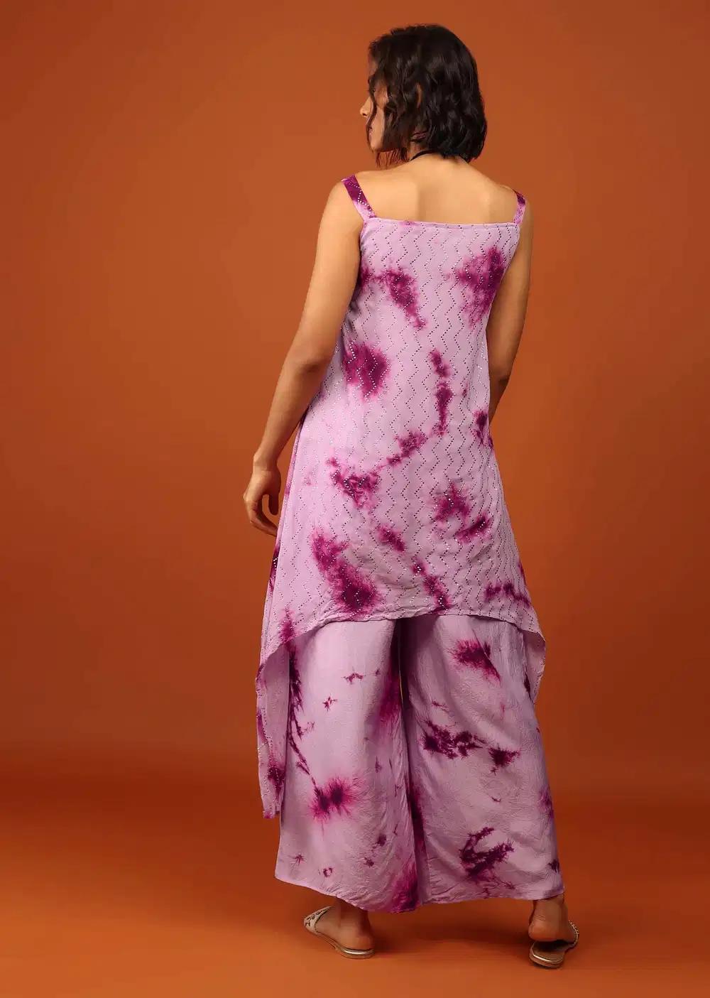 Lavender And Plum Purple Tie Dye Print Top Bottom Ensemble Embellished In Georgette