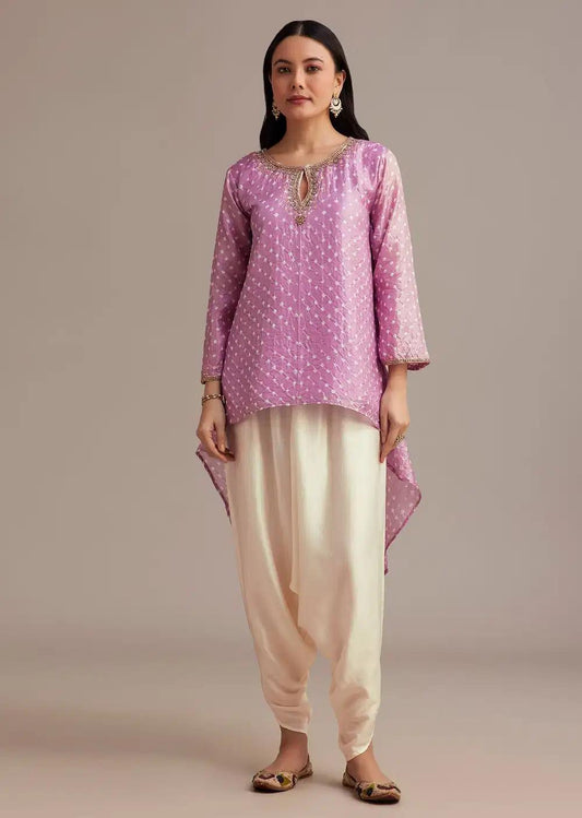 Lavender Bandhani High Low Kurta Ensemble With Dhoti Outfit