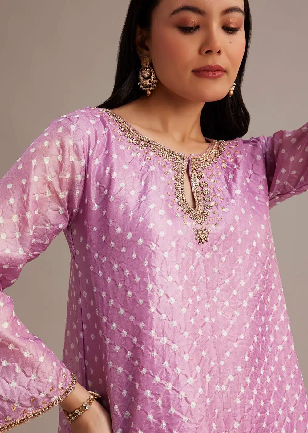 Lavender Bandhani High Low Kurta Ensemble With Dhoti Outfit