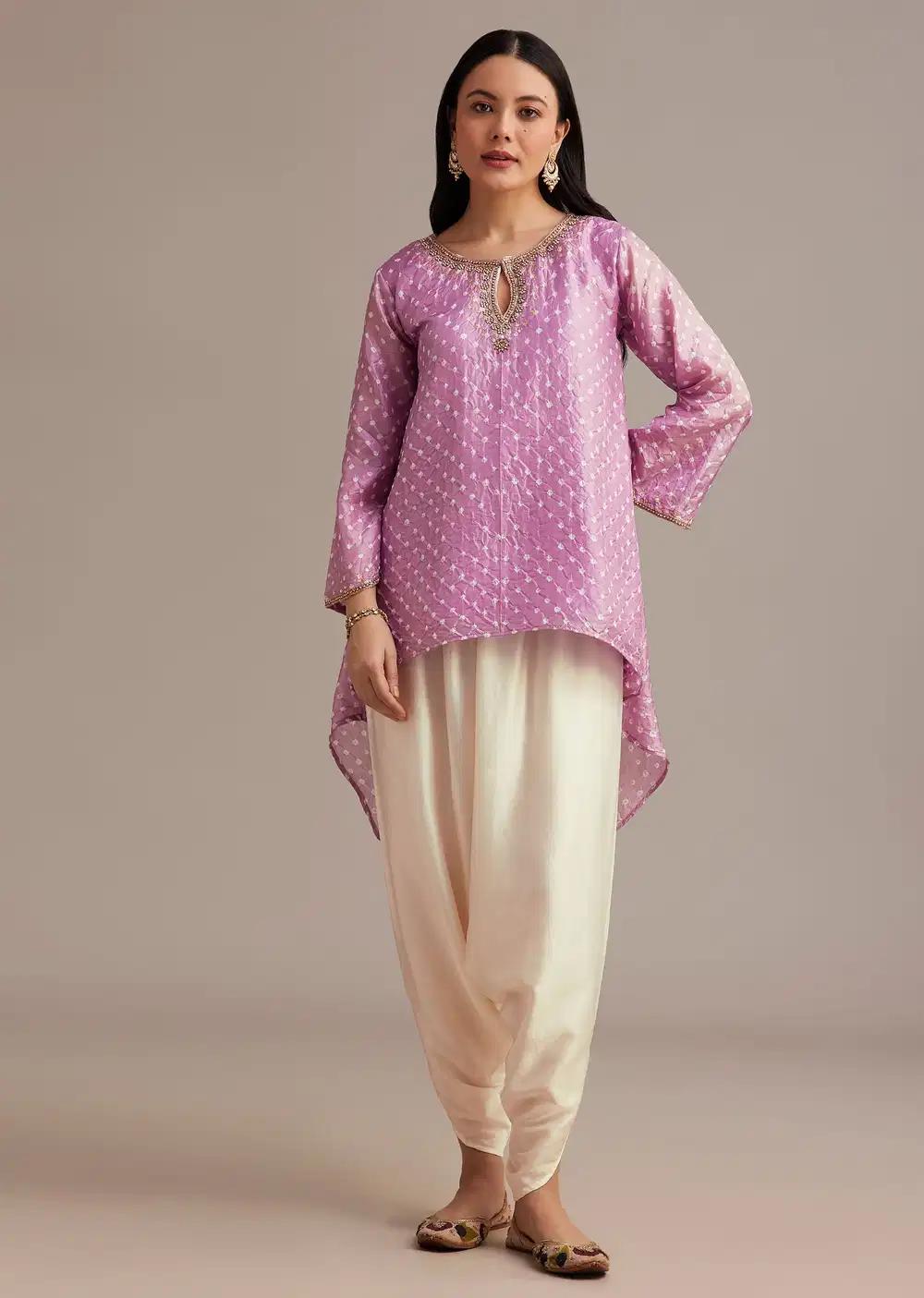 Lavender Bandhani High Low Kurta Ensemble With Dhoti Outfit