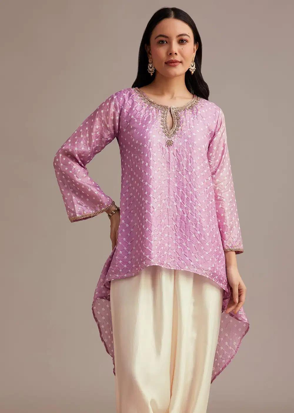 Lavender Bandhani High Low Kurta Ensemble With Dhoti Outfit