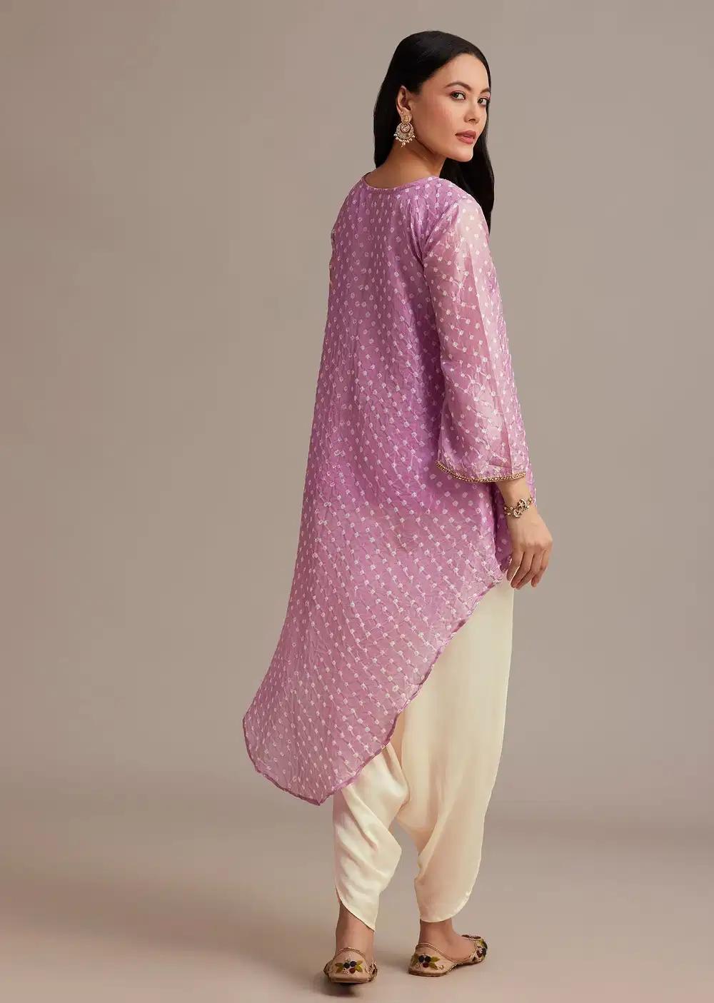 Lavender Bandhani High Low Kurta Ensemble With Dhoti Outfit