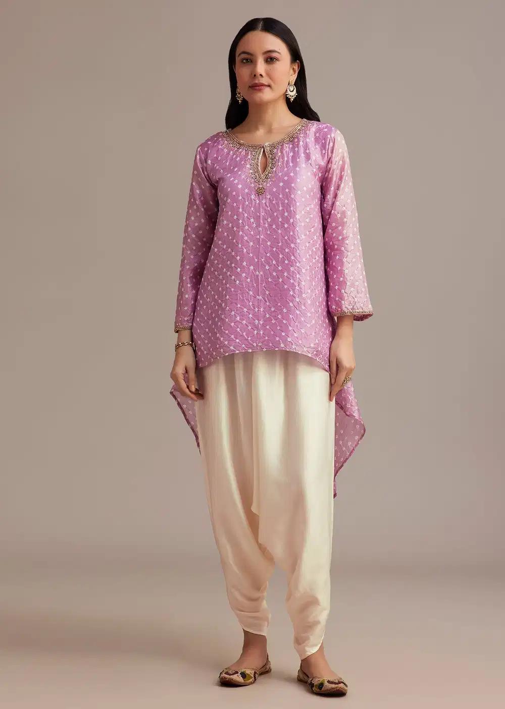 Lavender Bandhani High Low Kurta Ensemble With Dhoti Outfit