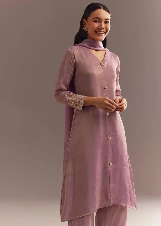 Lavender Tissue Embroidered Kurta Pant With Organza Dupatta Outfit