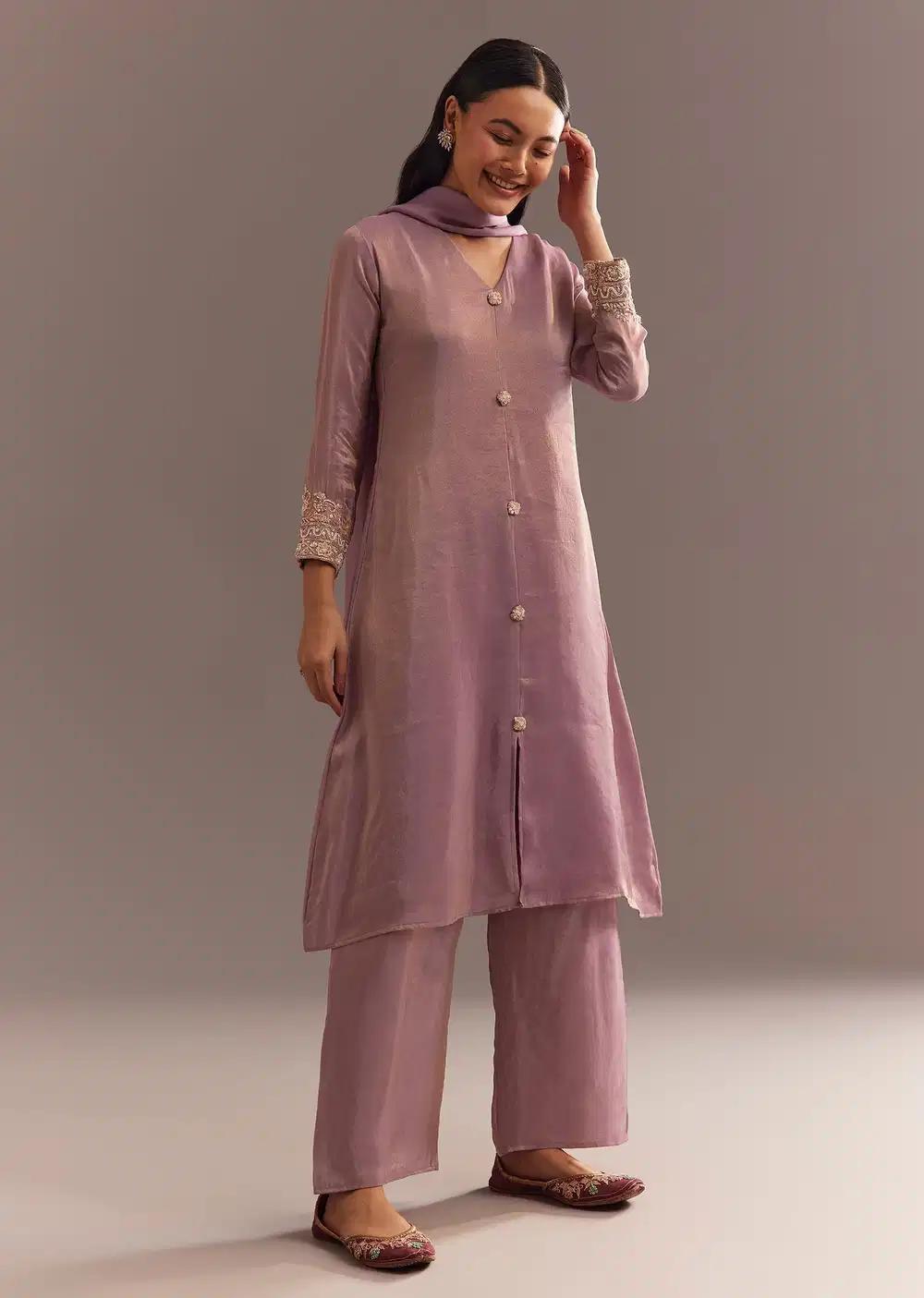 Lavender Tissue Embroidered Kurta Pant With Organza Dupatta Outfit