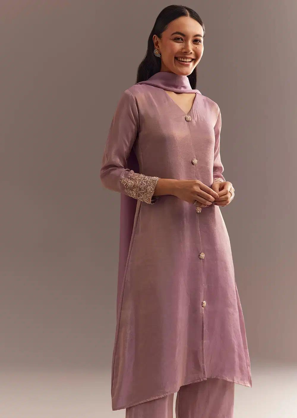 Lavender Tissue Embroidered Kurta Pant With Organza Dupatta Outfit