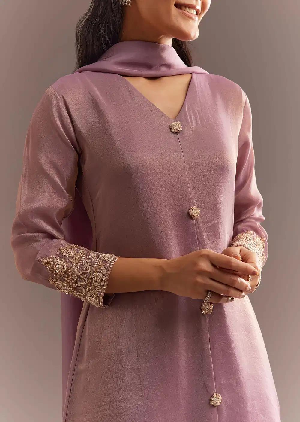 Lavender Tissue Embroidered Kurta Pant With Organza Dupatta Outfit