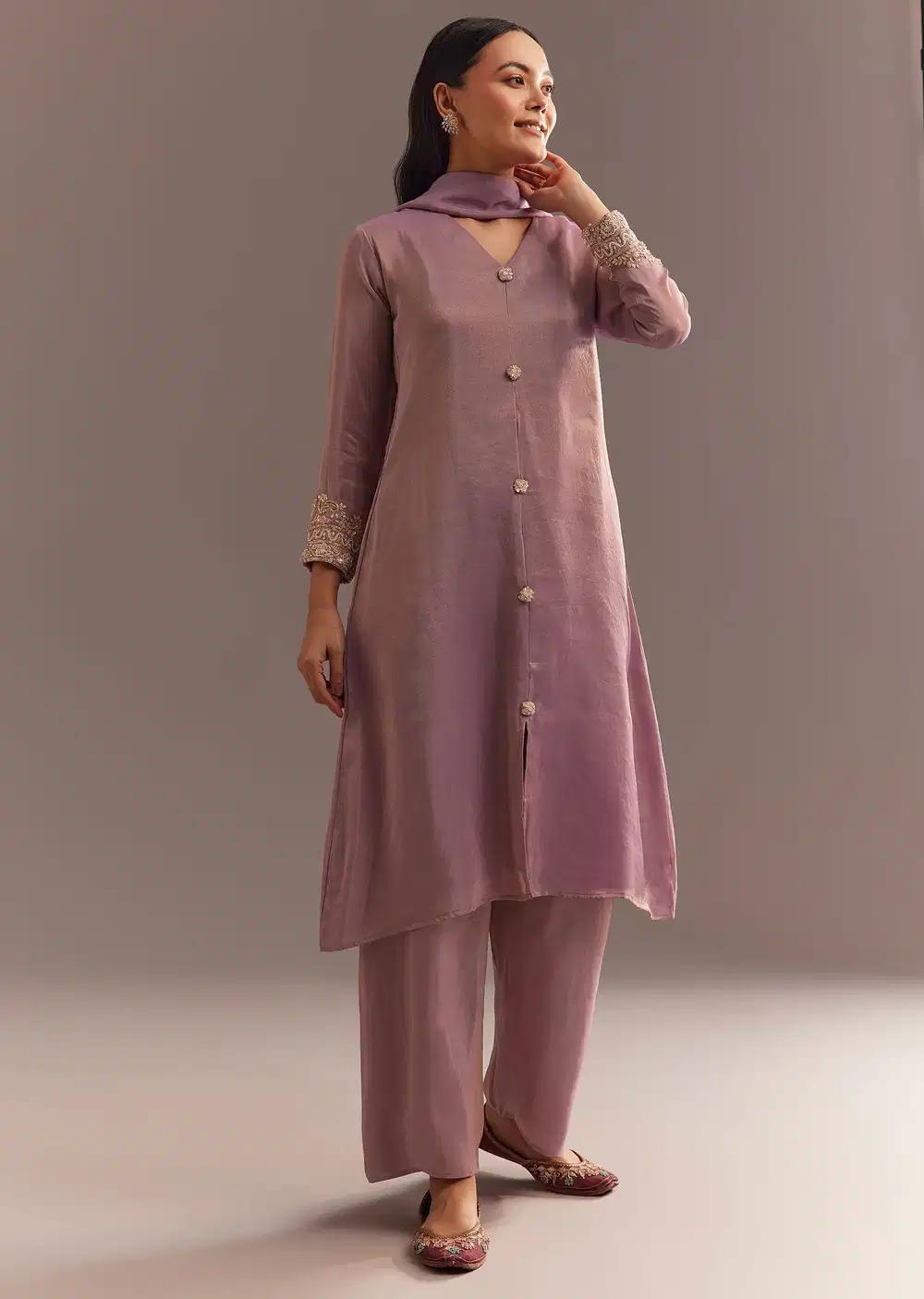 Lavender Tissue Embroidered Kurta Pant With Organza Dupatta Outfit