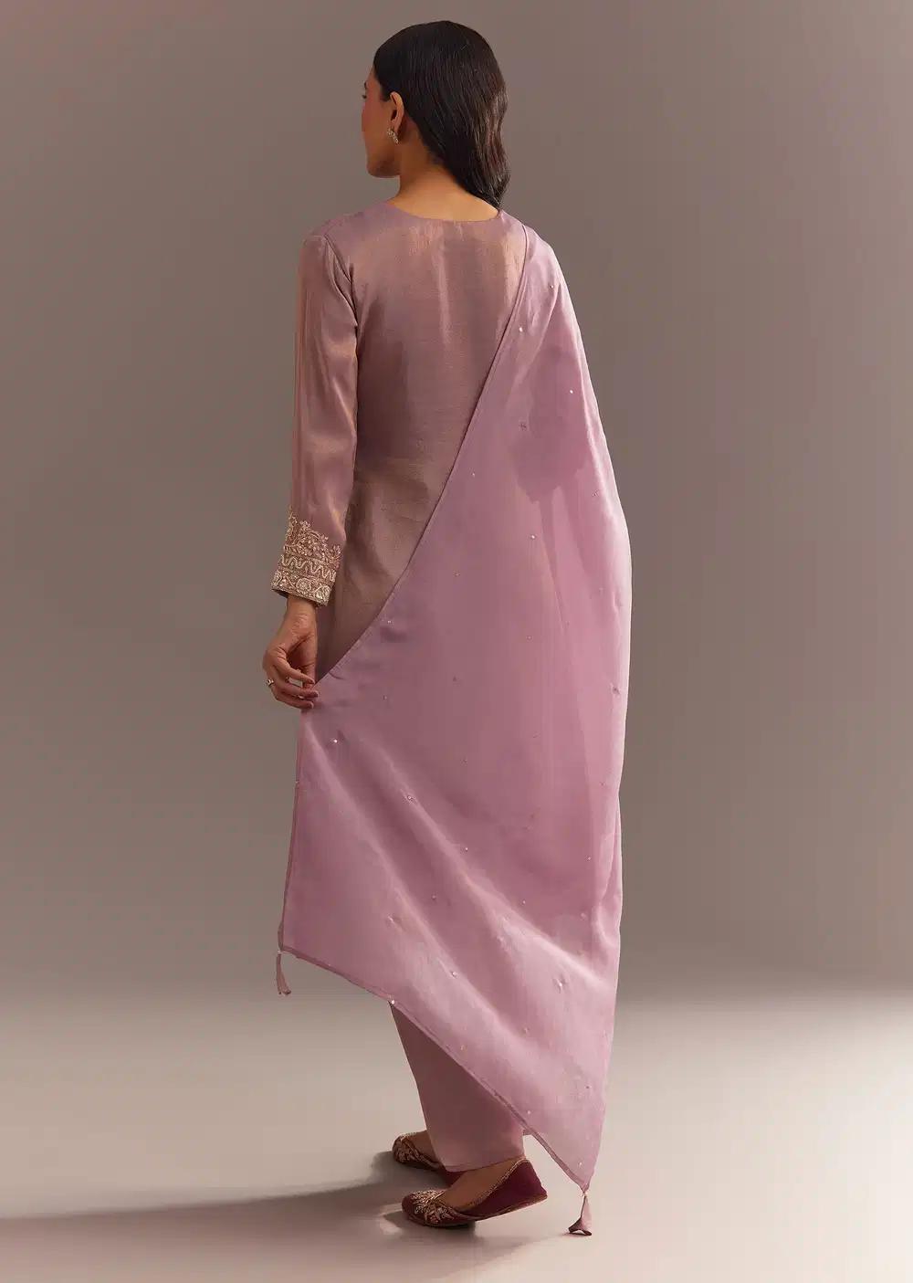 Lavender Tissue Embroidered Kurta Pant With Organza Dupatta Outfit