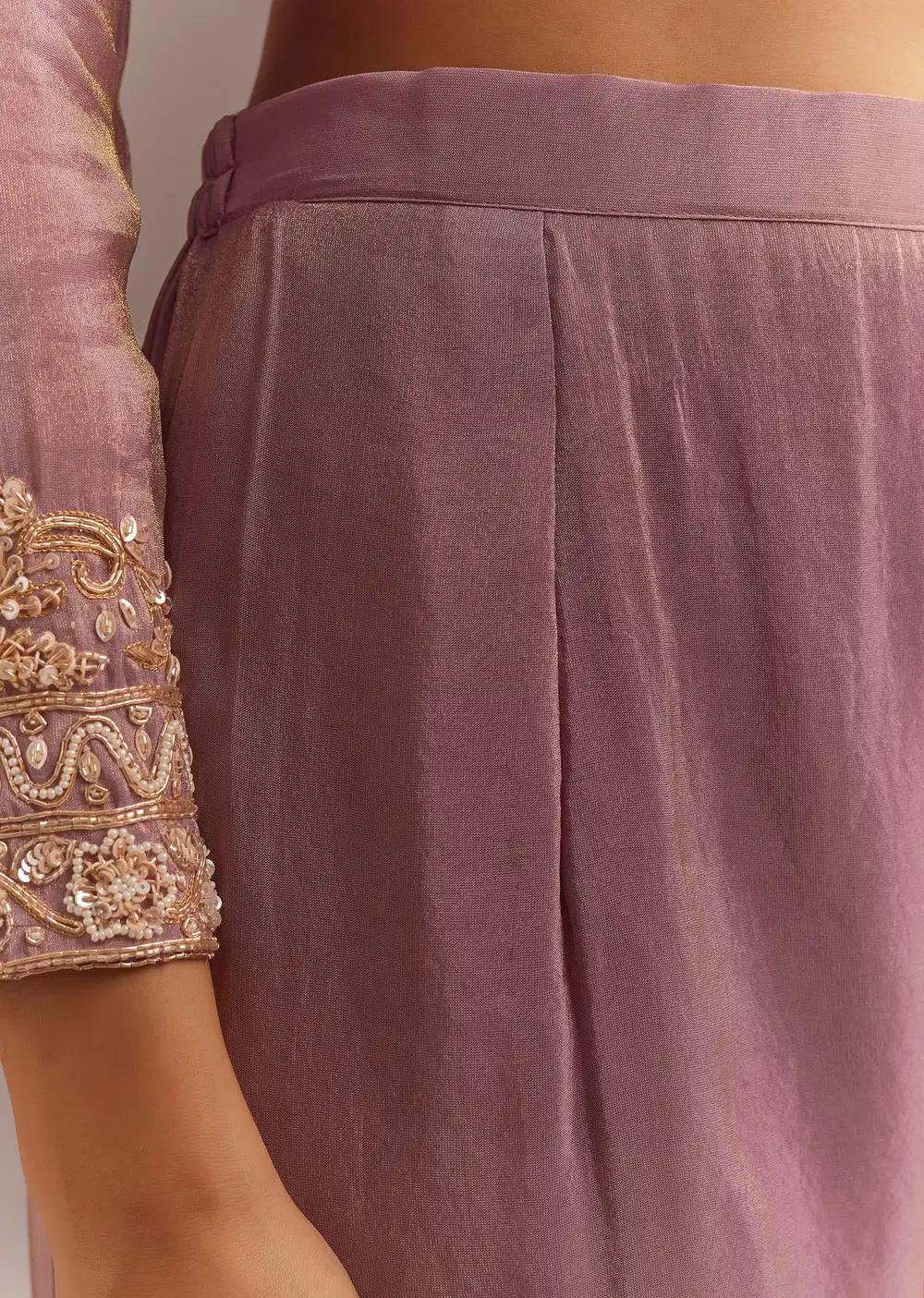 Lavender Tissue Embroidered Kurta Pant With Organza Dupatta Outfit