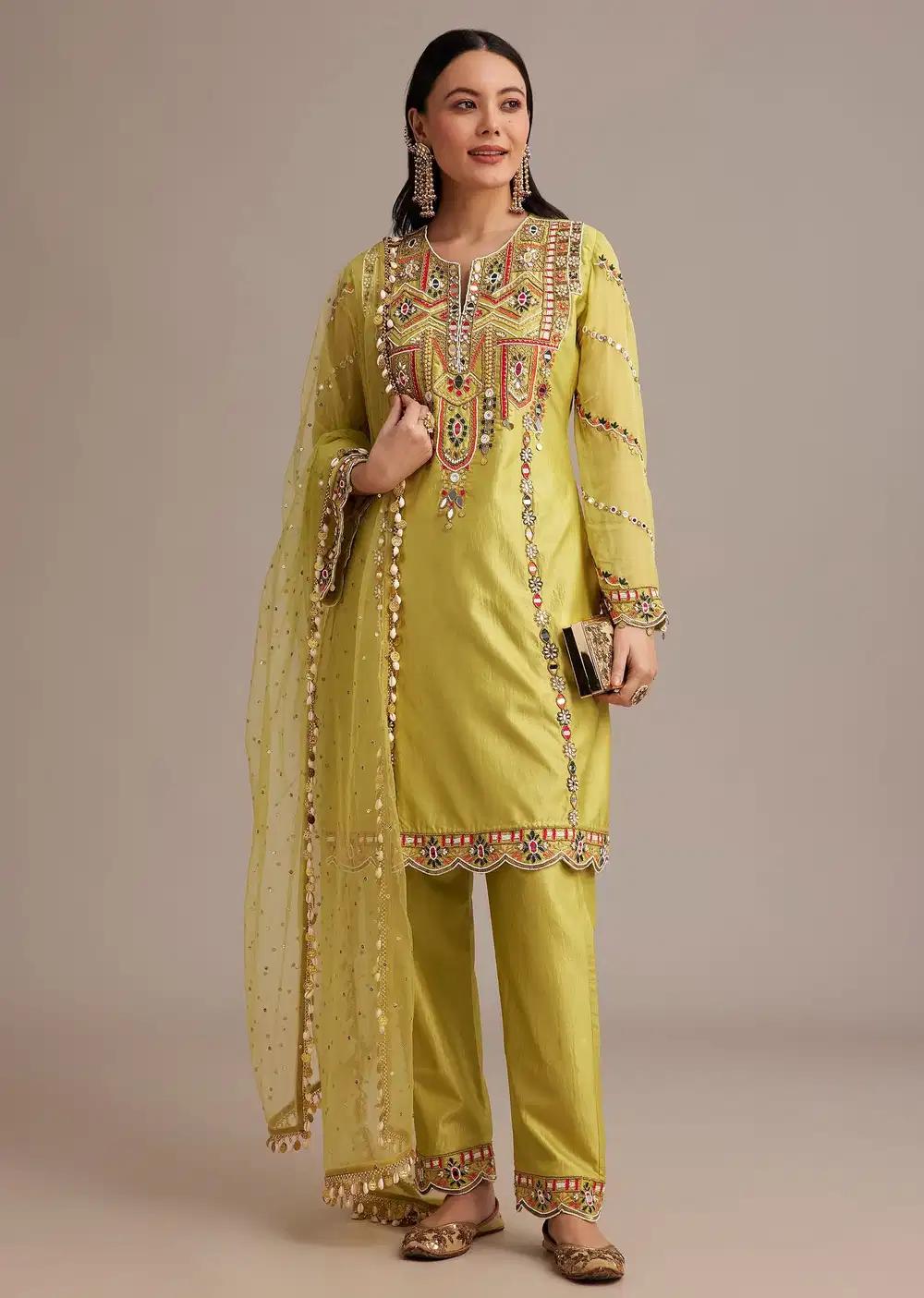 Lemon Yellow Silk Kurta Ensemble With Mirror And Thread Work Outfit