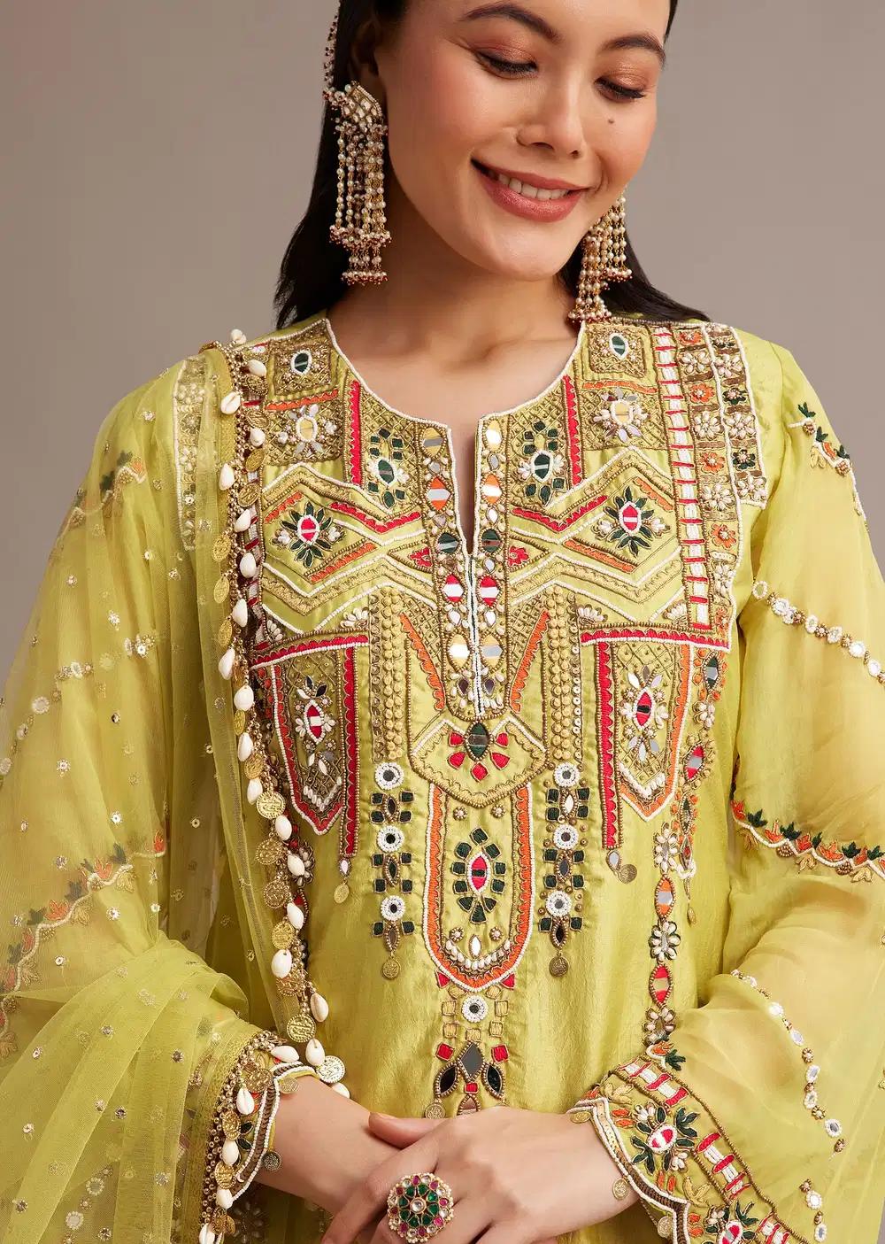 Lemon Yellow Silk Kurta Ensemble With Mirror And Thread Work Outfit