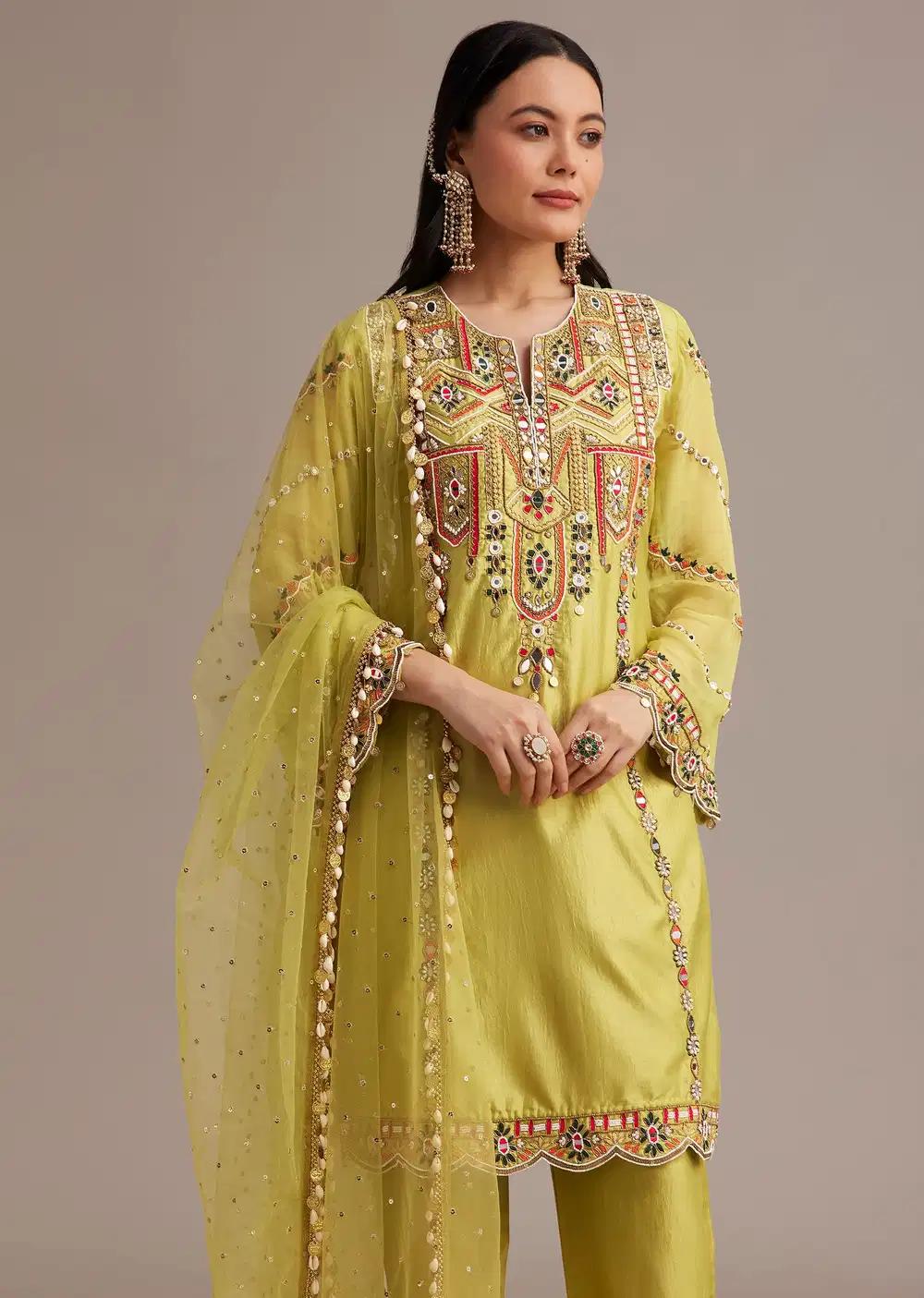 Lemon Yellow Silk Kurta Ensemble With Mirror And Thread Work Outfit