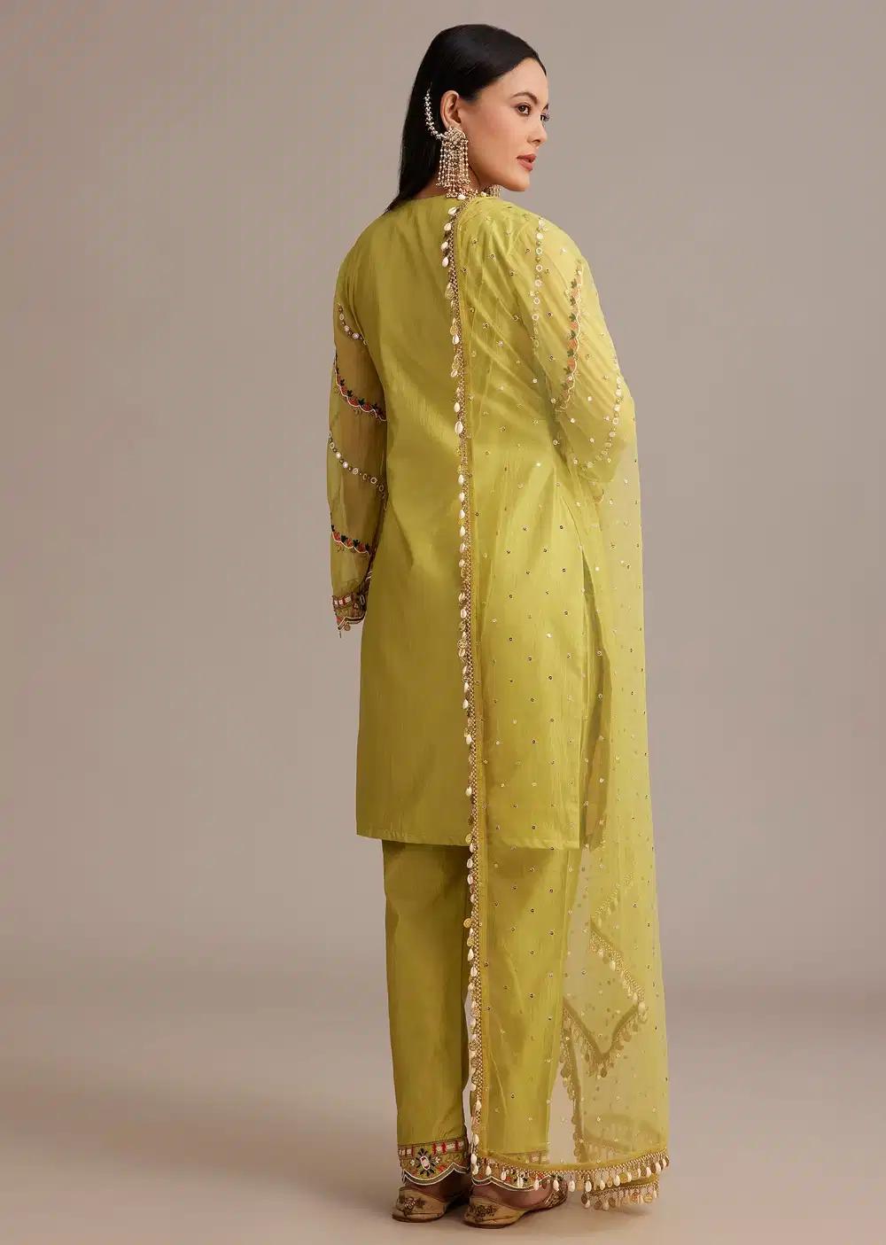 Lemon Yellow Silk Kurta Ensemble With Mirror And Thread Work Outfit