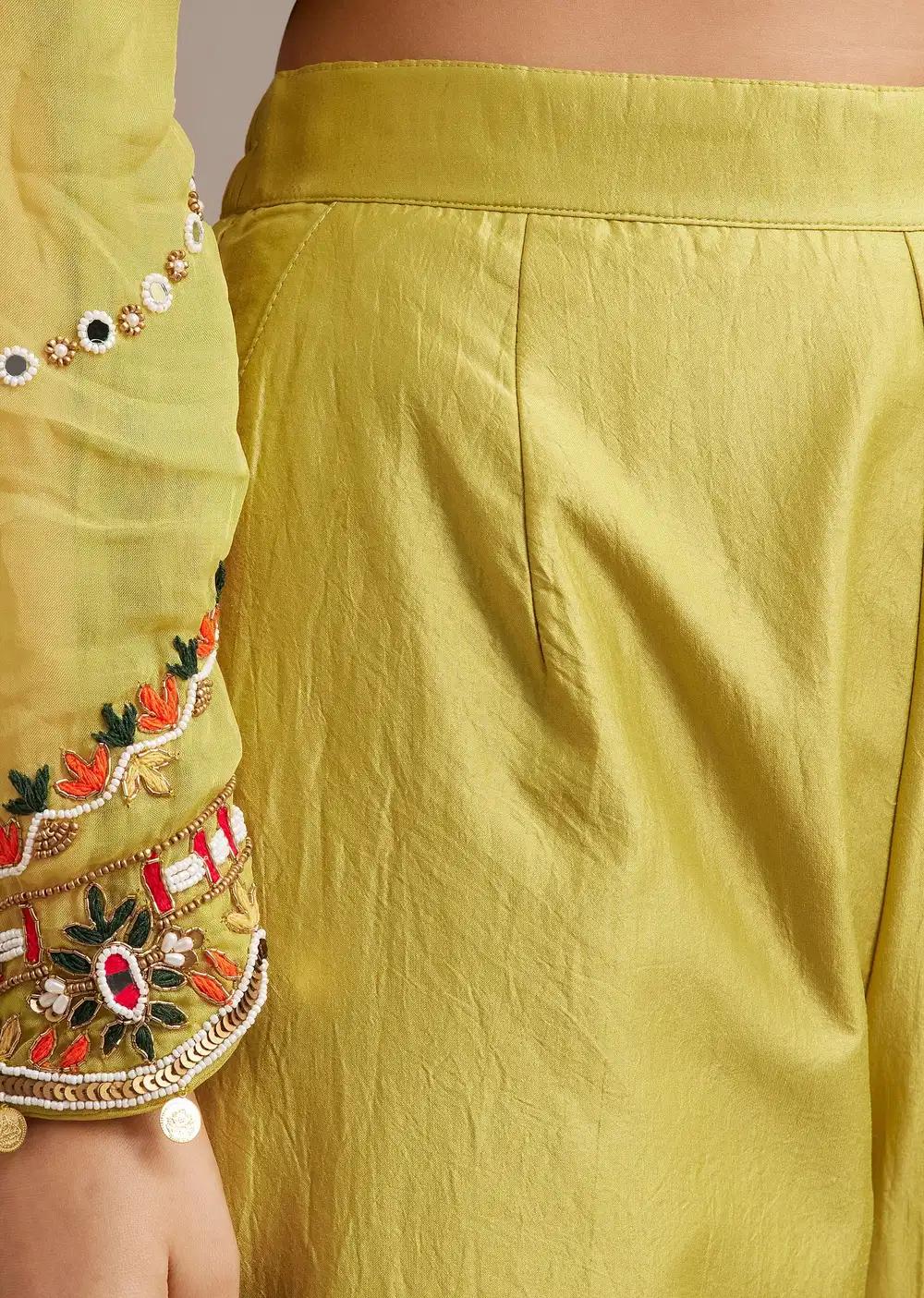 Lemon Yellow Silk Kurta Ensemble With Mirror And Thread Work Outfit