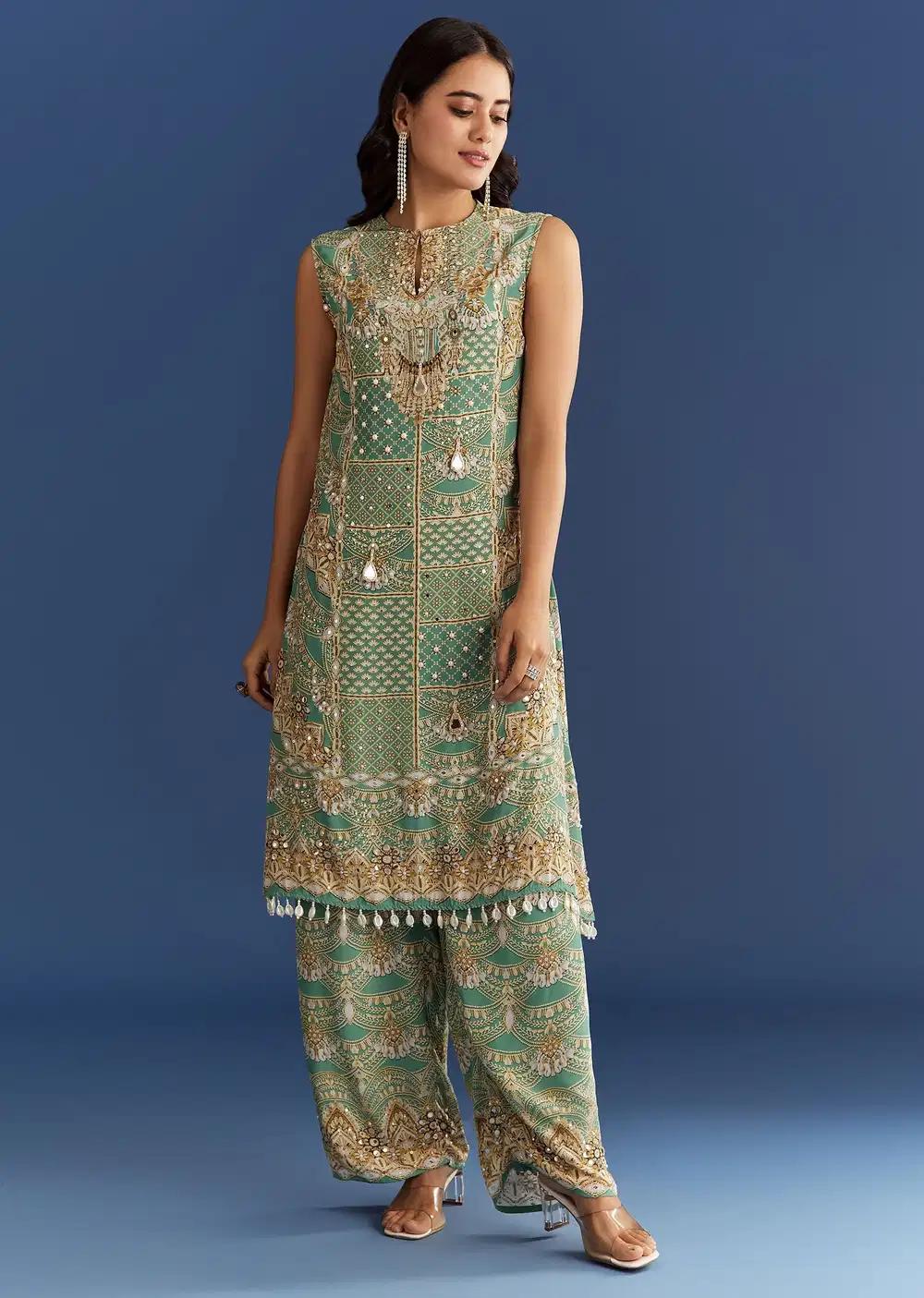 Light Aqua Green Crepe Printed Kurta Pant With Shell Tassels Outfit