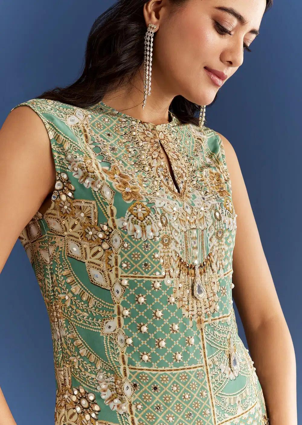 Light Aqua Green Crepe Printed Kurta Pant With Shell Tassels Outfit