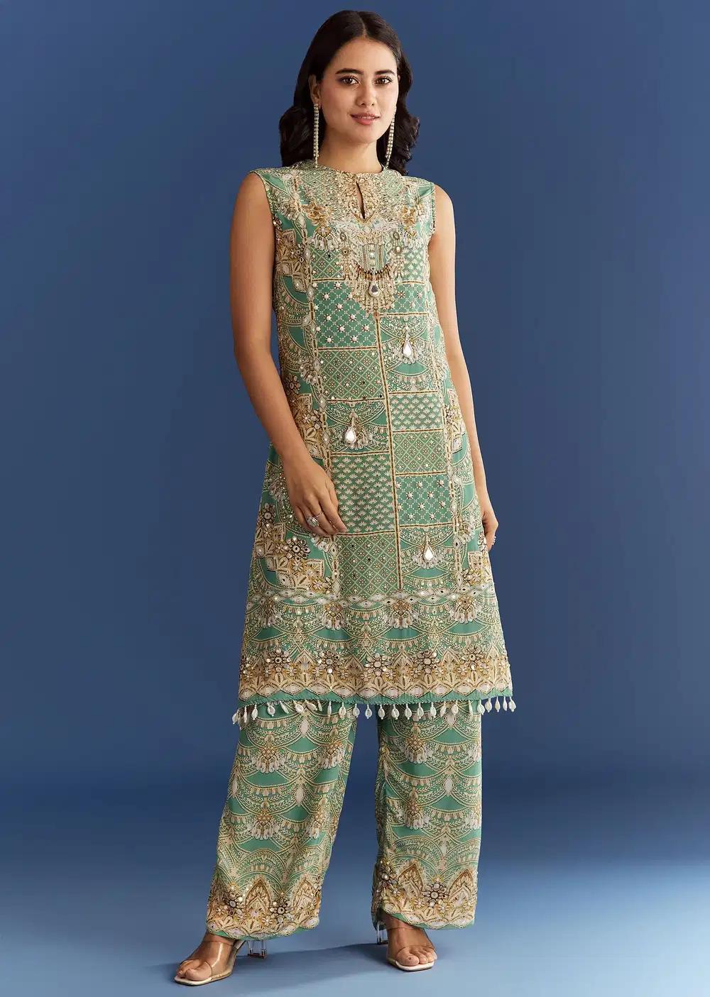 Light Aqua Green Crepe Printed Kurta Pant With Shell Tassels Outfit