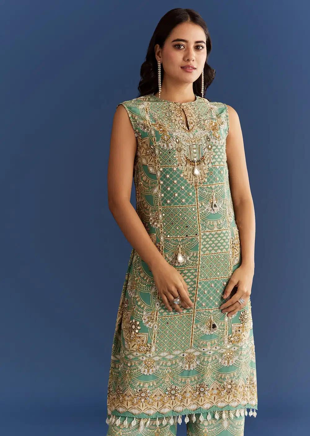Light Aqua Green Crepe Printed Kurta Pant With Shell Tassels Outfit