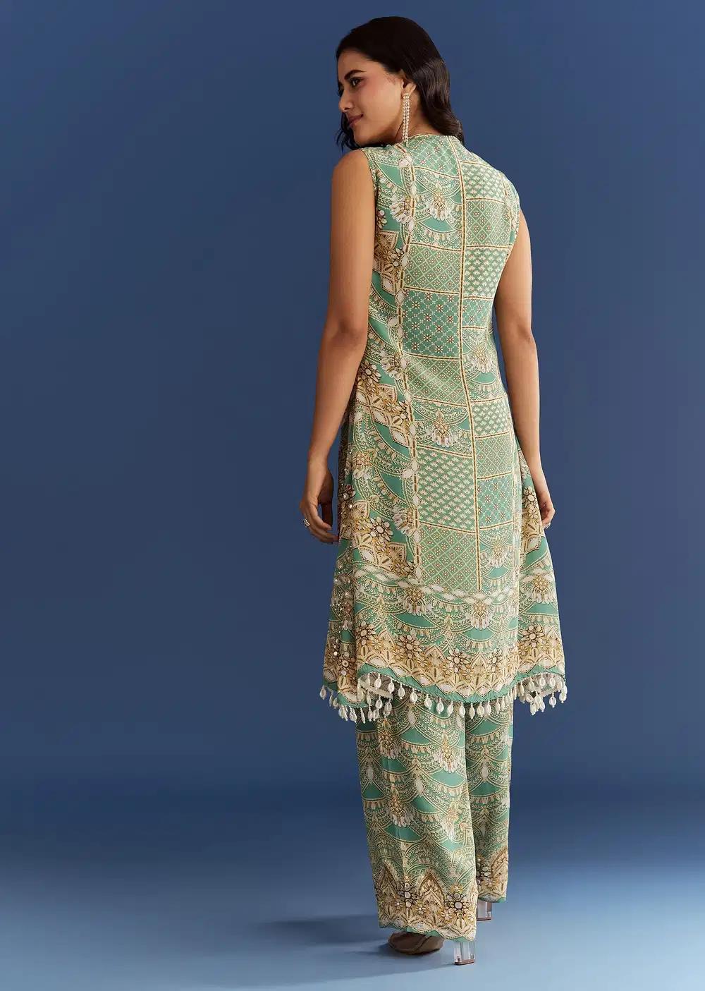 Light Aqua Green Crepe Printed Kurta Pant With Shell Tassels Outfit