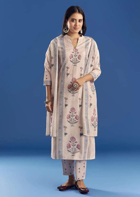 Light Beige Block Print Cotton Kurta Ensemble With Mirror Work Outfit