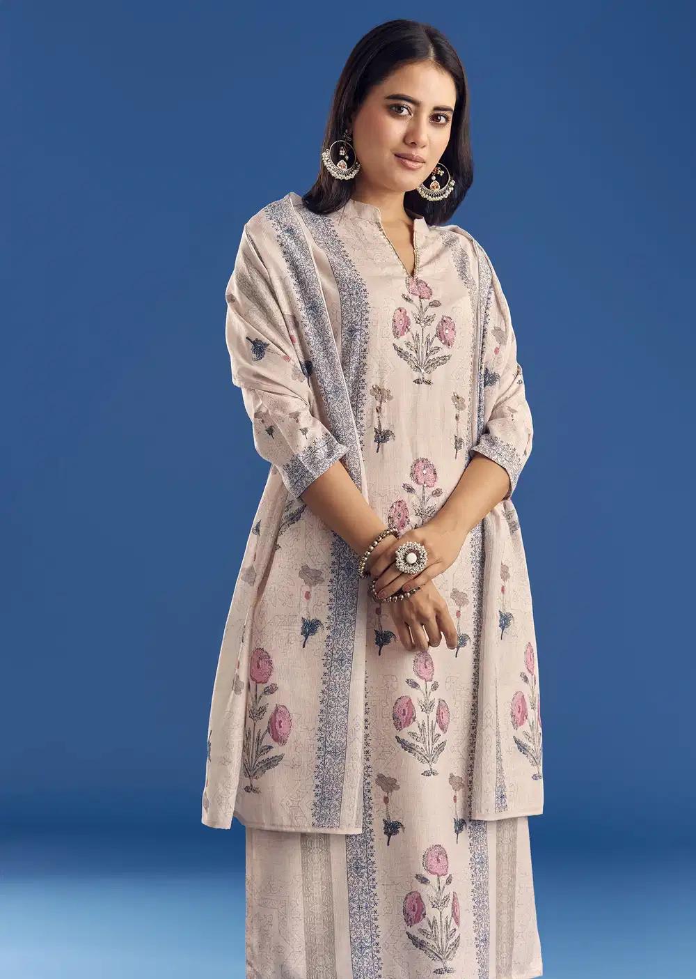 Light Beige Block Print Cotton Kurta Ensemble With Mirror Work Outfit
