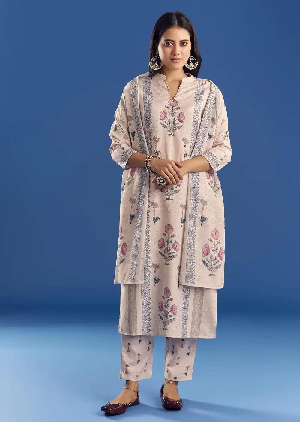 Light Beige Block Print Cotton Kurta Ensemble With Mirror Work Outfit