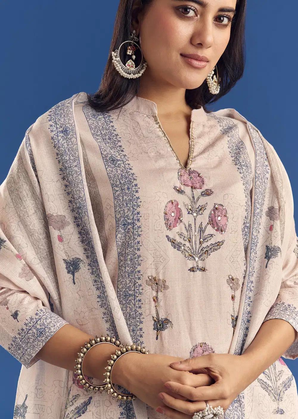 Light Beige Block Print Cotton Kurta Ensemble With Mirror Work Outfit