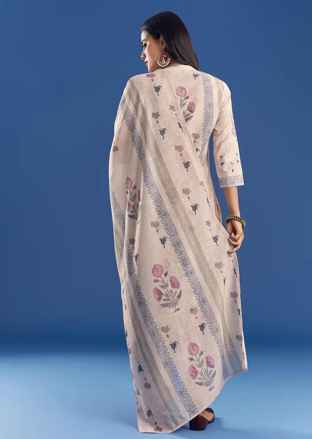 Light Beige Block Print Cotton Kurta Ensemble With Mirror Work Outfit
