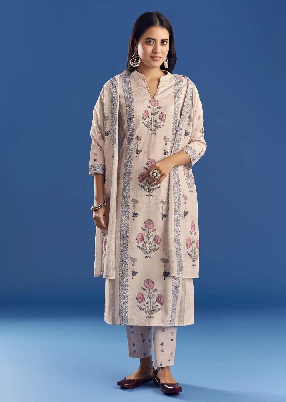 Light Beige Block Print Cotton Kurta Ensemble With Mirror Work Outfit