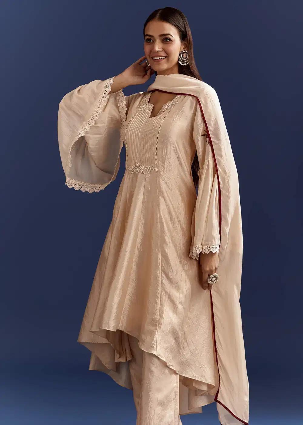 Light Beige High Low Kurta With Cut Dana Beads And Applique Work In Fuji Silk Outfit