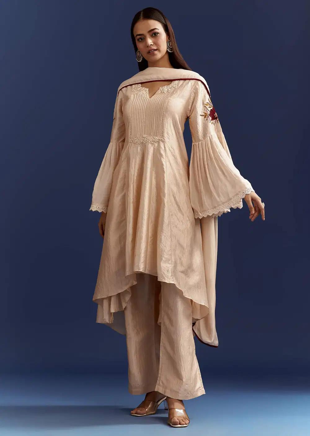 Light Beige High Low Kurta With Cut Dana Beads And Applique Work In Fuji Silk Outfit