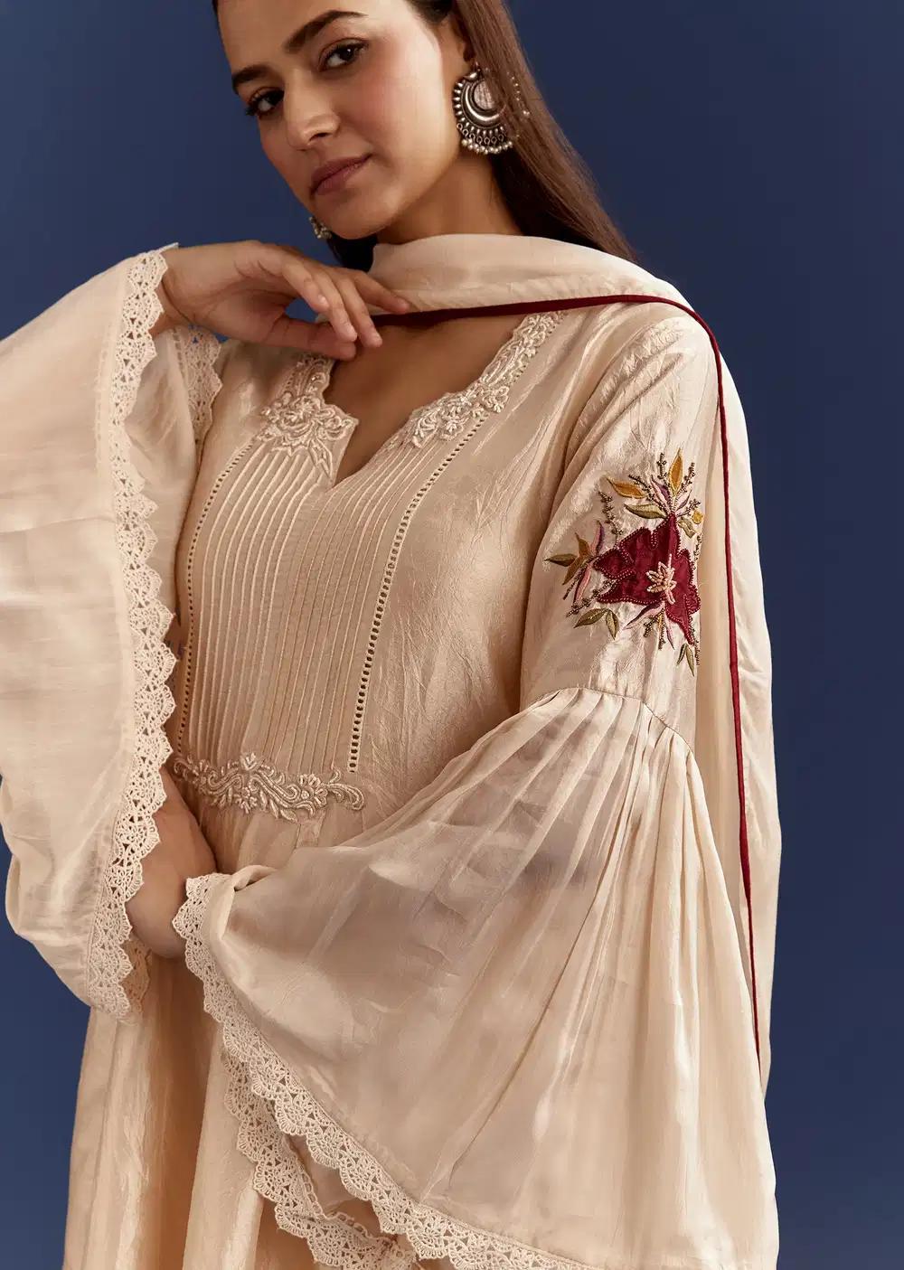 Light Beige High Low Kurta With Cut Dana Beads And Applique Work In Fuji Silk Outfit