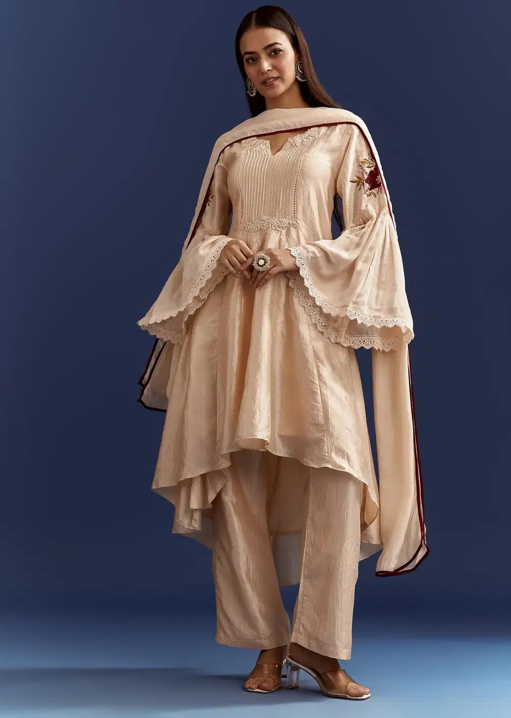 Light Beige High Low Kurta With Cut Dana Beads And Applique Work In Fuji Silk Outfit